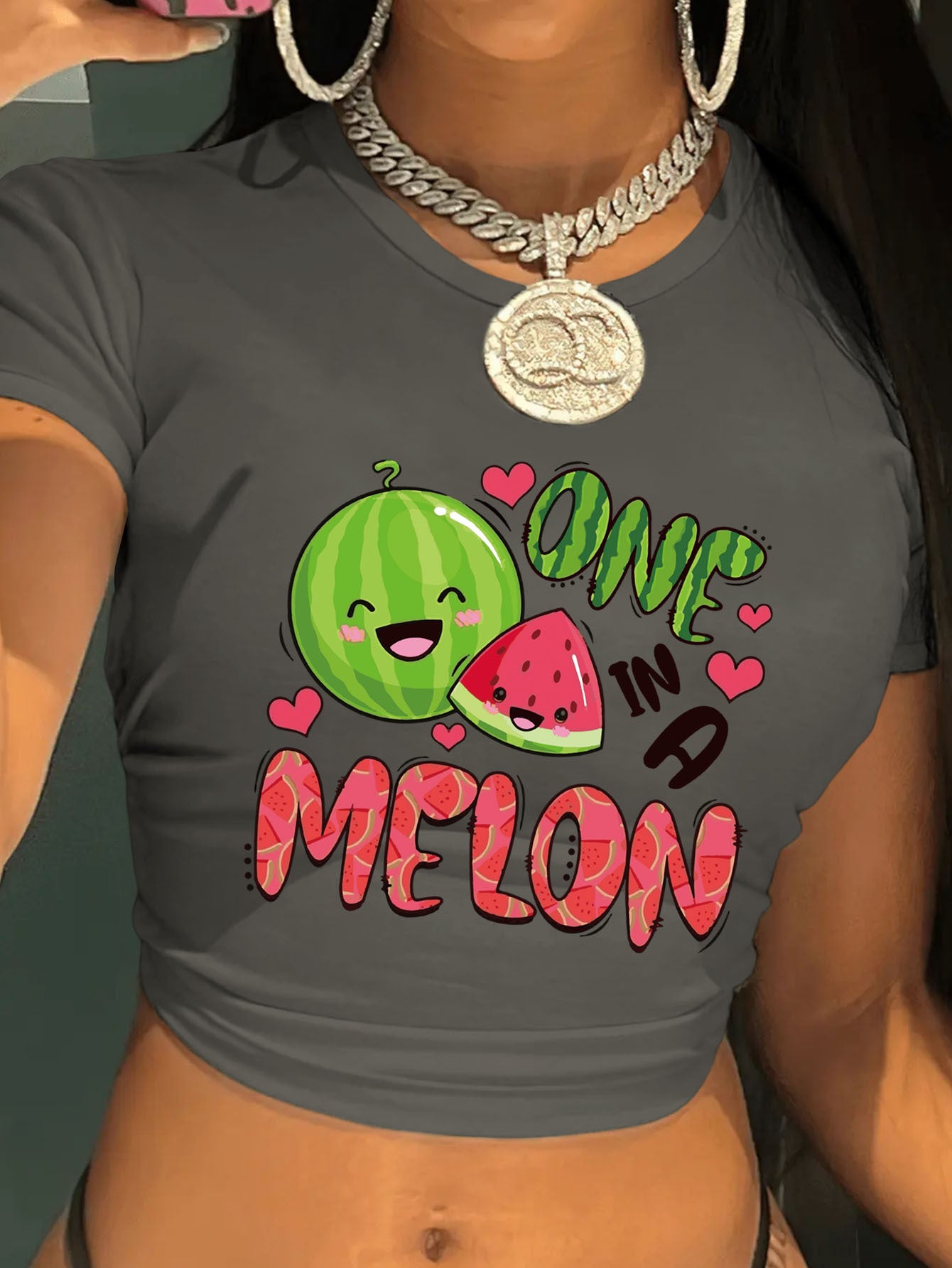 Women's Y2K Graphic Print Cropped T-Shirt - "ONE IN A MELON" Watermelon & Hearts Design, Light Grey Short Sleeve Crop Top, Machine Washable Casual Summer Tee, Tiktok Style Clothing | Crop Top Style | Nontransparent Fabric, Cu